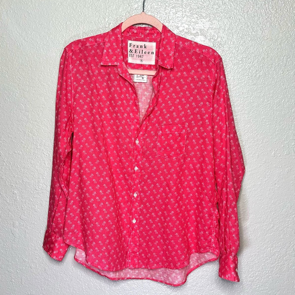 Frank & Eileen Barry Linen Button Down Slim Shirt Palm Tree Pink Women Small - Picture 2 of 9